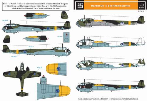 SBS Model SBSD7210D 1:72 Dornier Do-17Z in Finnish service