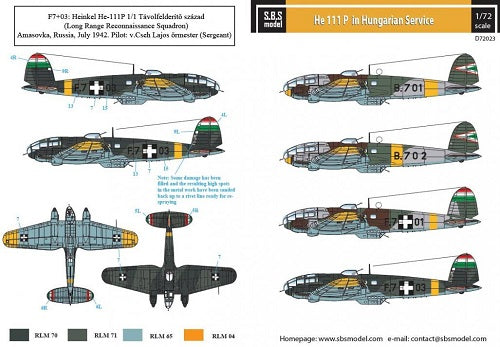 SBS Model SBSD7223D 1:72 Heinkel He-111P-2 Hungarian Air Force WWII