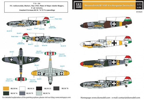SBS Model SBSD7224D 1:72 Messerschmitt Bf-109F-4 Hungarian Air Force WWII VOL.I