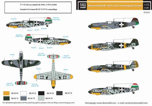 SBS Model SBSD7227D 1:72 Messerschmitt Bf-109G-2, Bf-109G-4 in Hungarian Service