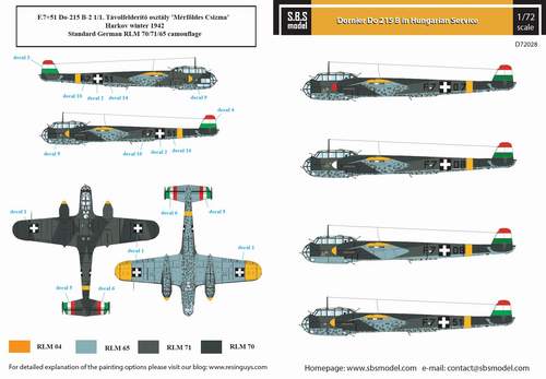 SBS Model SBSD7228D 1:72 Dornier Do-215B-2/Do-215B-4 in Hungarian Service