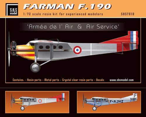 SBS Model SBSK7010 1:72 Farman F.190 'Armee de l'Air & Air Service' full kit