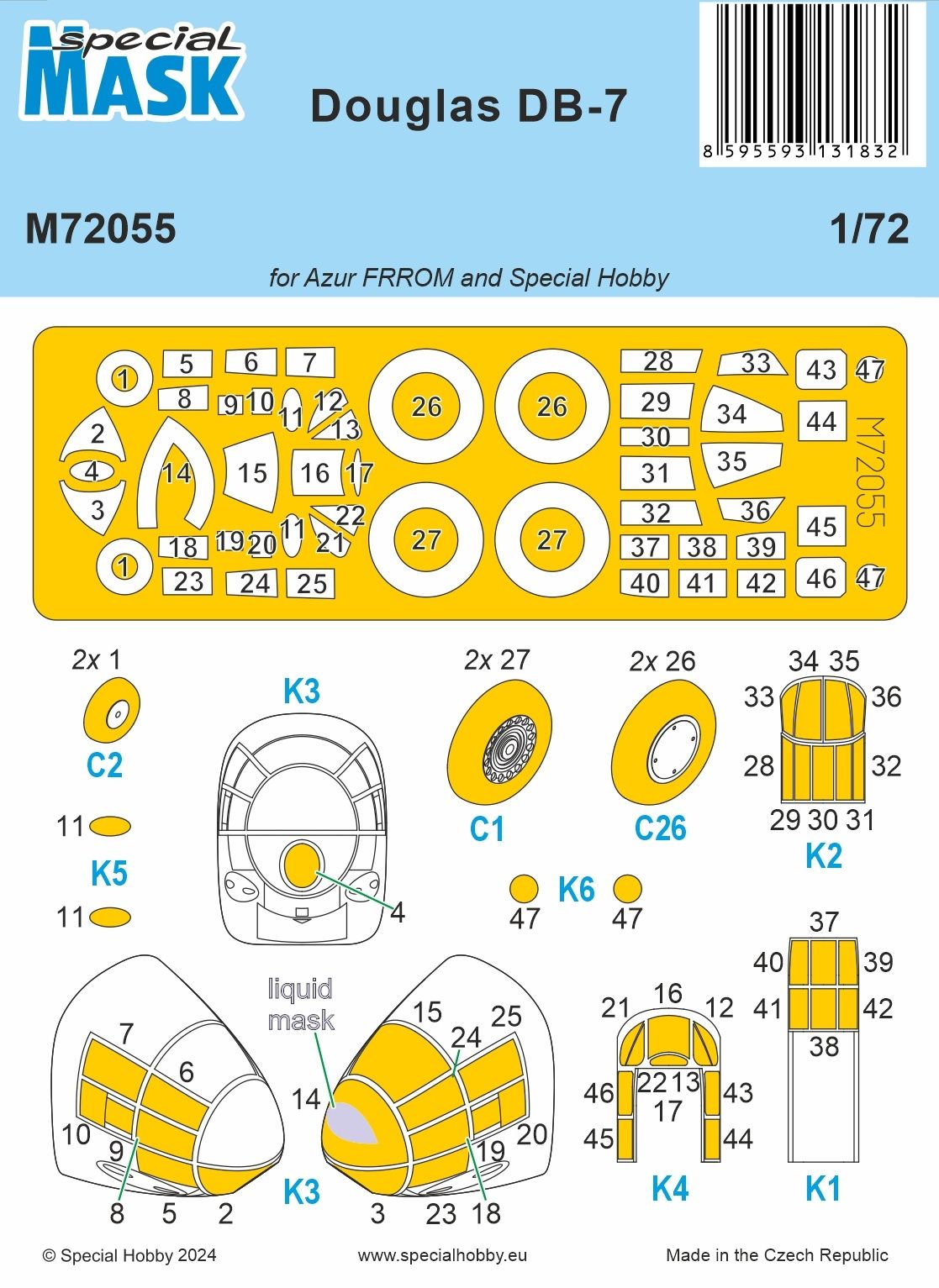 Special Hobby SHM72055 1:72 Douglas DB-7 wheels and canopy frame paint mask