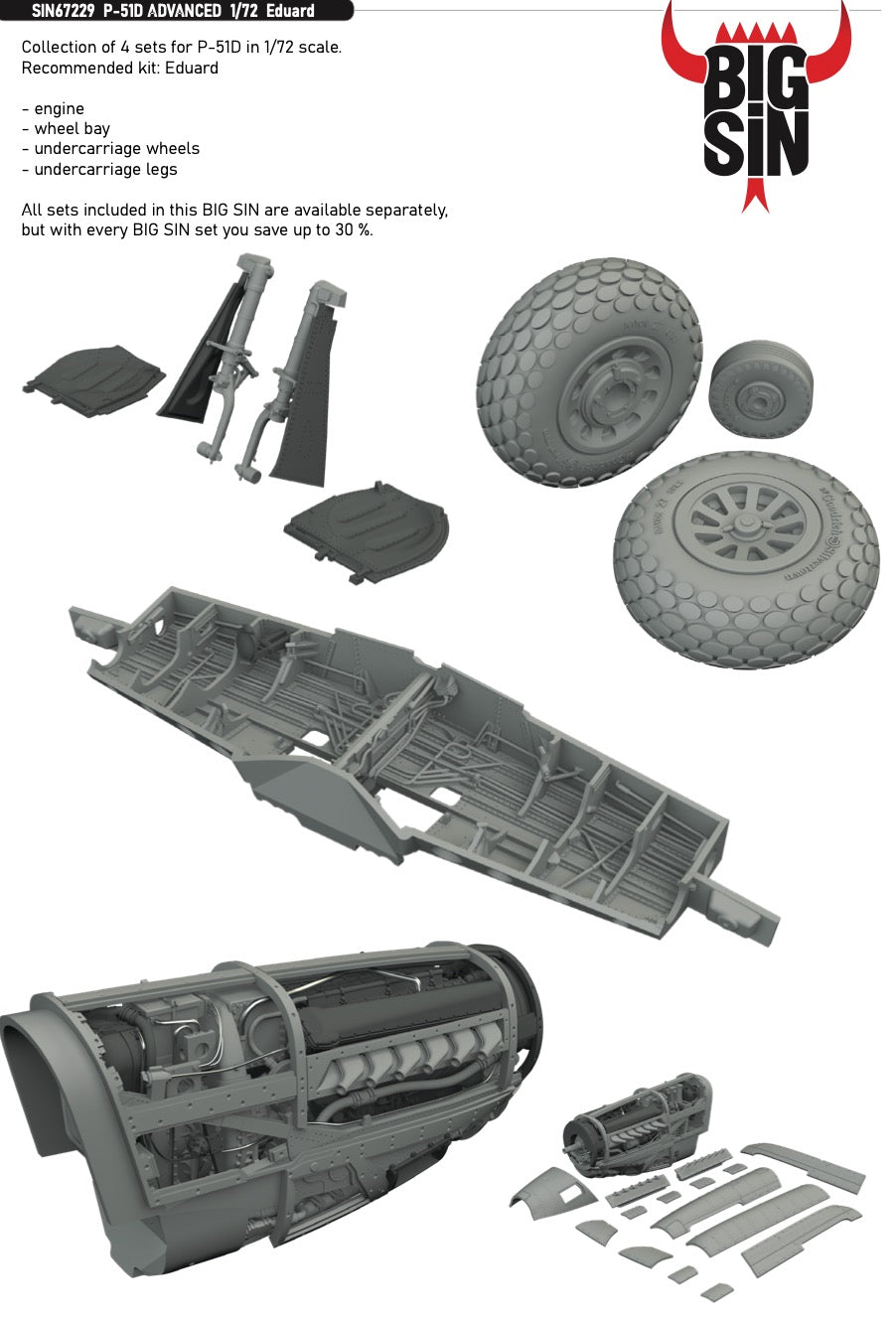 Brassin SIN67229 P-51D Engine/Wheel Bay/Legs Set 1:72