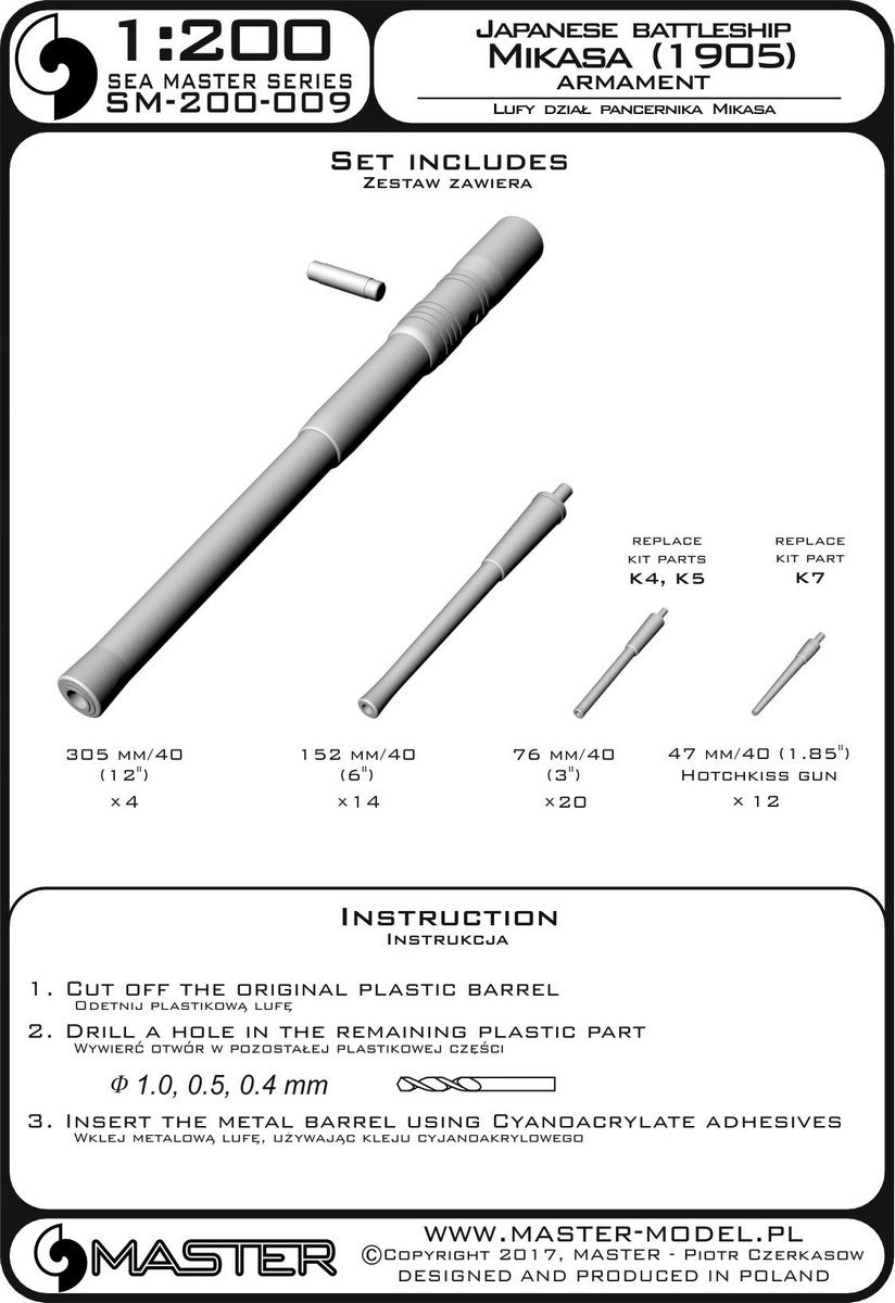 Master SM200-009 1:200 Mikasa 1905 Japanese Battleship armament barrels