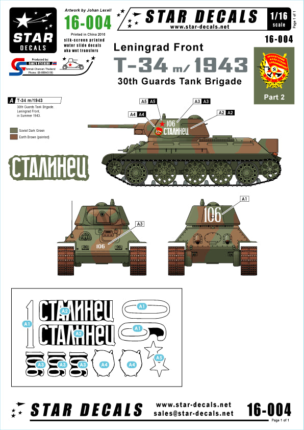 Star Decals STAR16004 1:16 Soviet T-34 model/1943