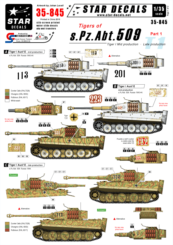 Star Decals STAR35845 1:35 Pz.Kpfw.VI Ausf.E Tigers of schwere Pz