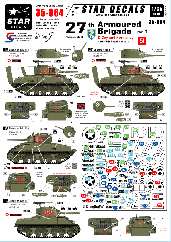 Star Decals STAR35864 1:35 27th Armoured Brigade, D-Day and Normandy