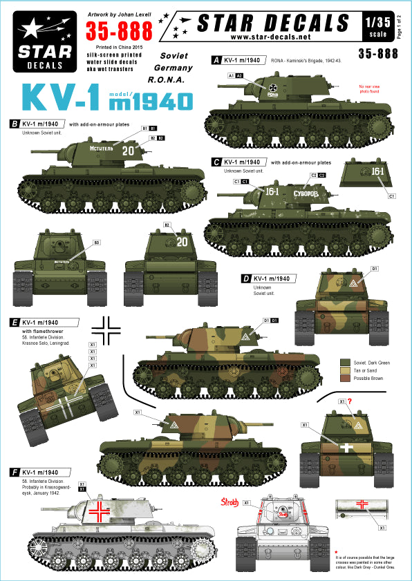 Star Decals STAR35888 1:35 Soviet KV-1 model/1940