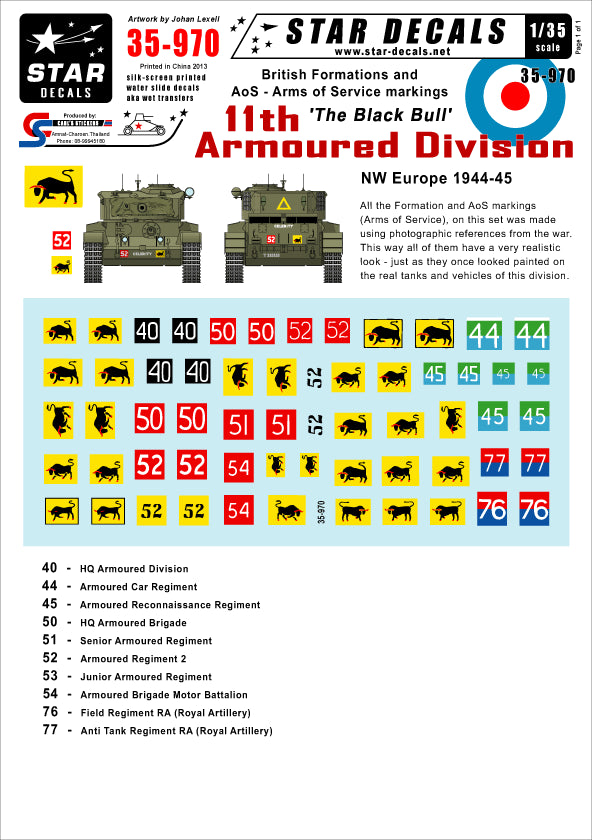 Star Decals STAR35970 1:35 British 11th Armoured Division'Black Bull' NW Europe