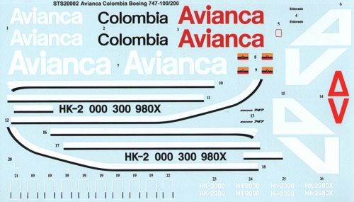 26 Decals STS20002 1:200 Avianca Colombia Boeing 747-100/200