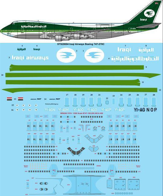 26 Decals STS20004 1:200 Boeing 747-270C IRAQI Airways YI-AGN/O/P