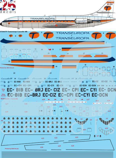 26 Decals STS44375 1:144 Transeuropa Caravelle 10R Screen printed decal A-Model