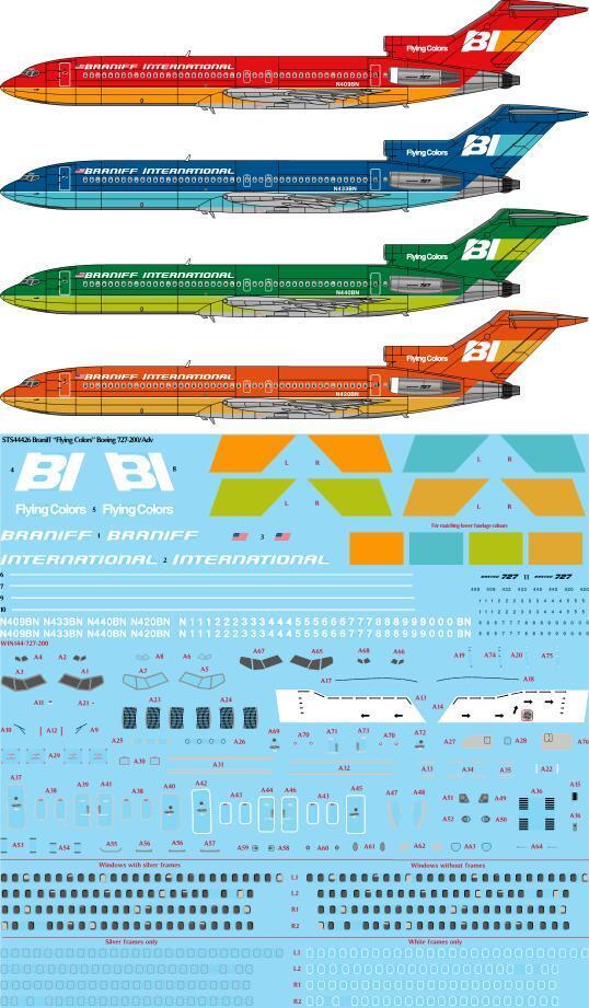 26 Decals STS44426 1:144 Braniff Flying Colors Boeing 727-200