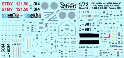 Syhart Decal SY72080 1:72 100 Years Swiss AF F/A-18C/P-51/MS406