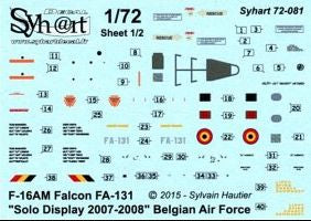 Syhart Decal SY72081 1:72 F-16AM Solo Display 2007-08 Belgian AF