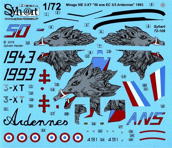 Syhart Decal SY72109 Mirage IIIE 50 Years EC 3/3 1993 1:72