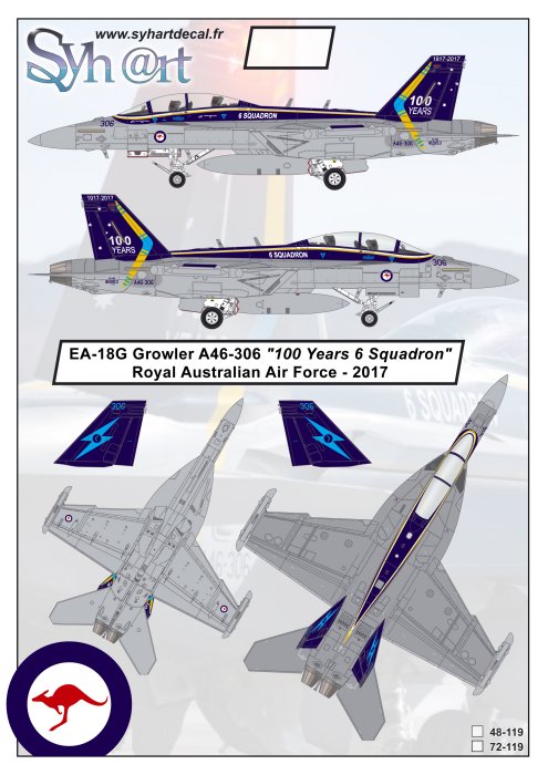 Syhart Decal SY72119 1:72 EA-18G Growler A46-306 "100 Years 6 Squadron" RAAF