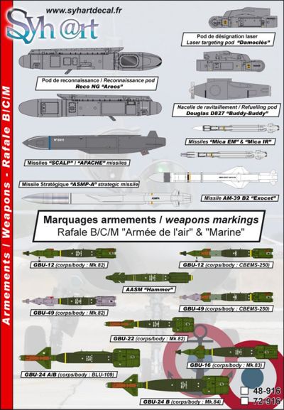 Syhart Decal SY72916 1:72 Armements Dassault Rafale B/C/M Note: