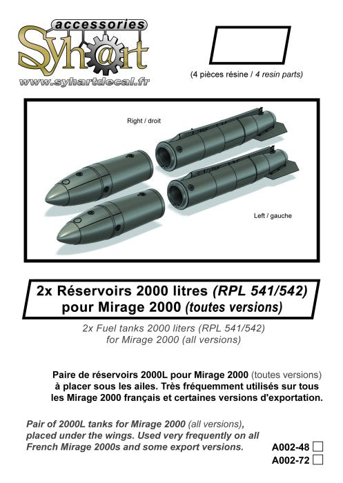Syhart Decal SYA002-72 1:72 2000L fuel tanks for Mirage 2000