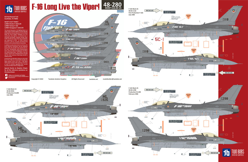 Two Bobs TB48280 F-16A/C Long Live the Viper Decals 1:48
