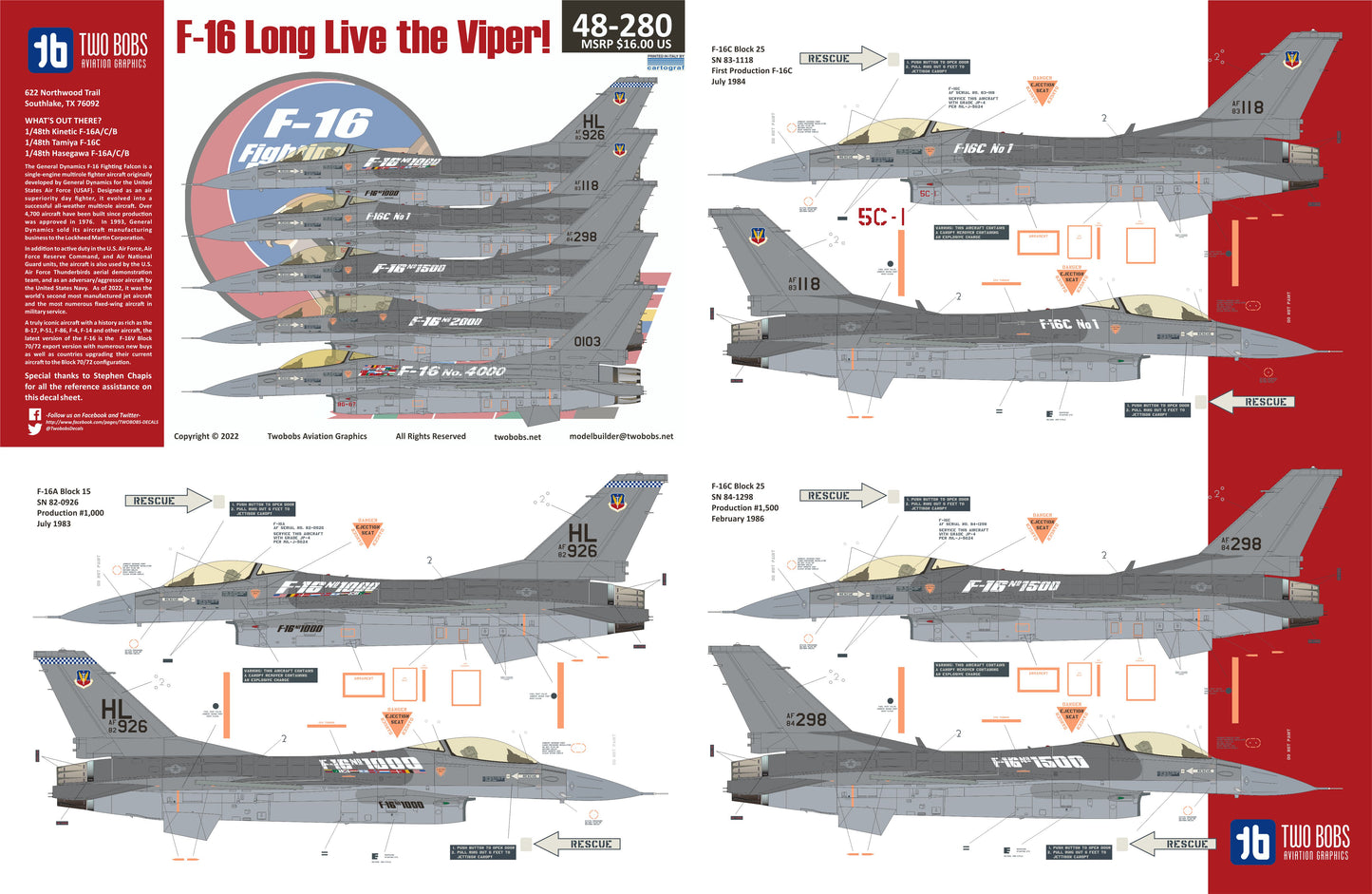 Two Bobs TB48280 F-16A/C Long Live the Viper Decals 1:48