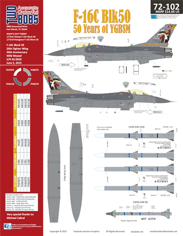 Two Bobs TB72102 F-16C YGBSM 50th Anniversary Weasel Viper 1:72