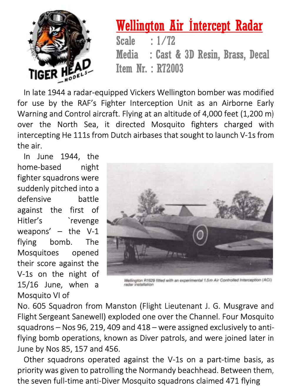 Tigerhead Models THR72003 1:72 Vickers Wellington Air intercepter Radar