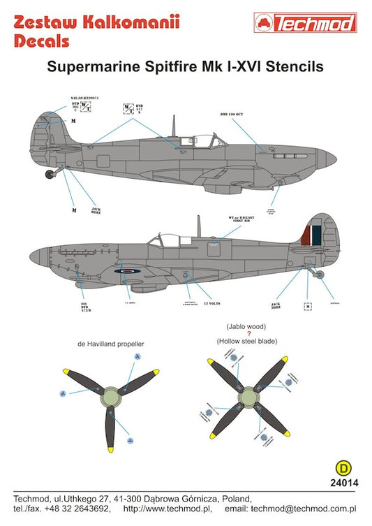 Techmod TM24014 Supermarine Spitfire Stencils Mk.I to Mk.XIX 1:24