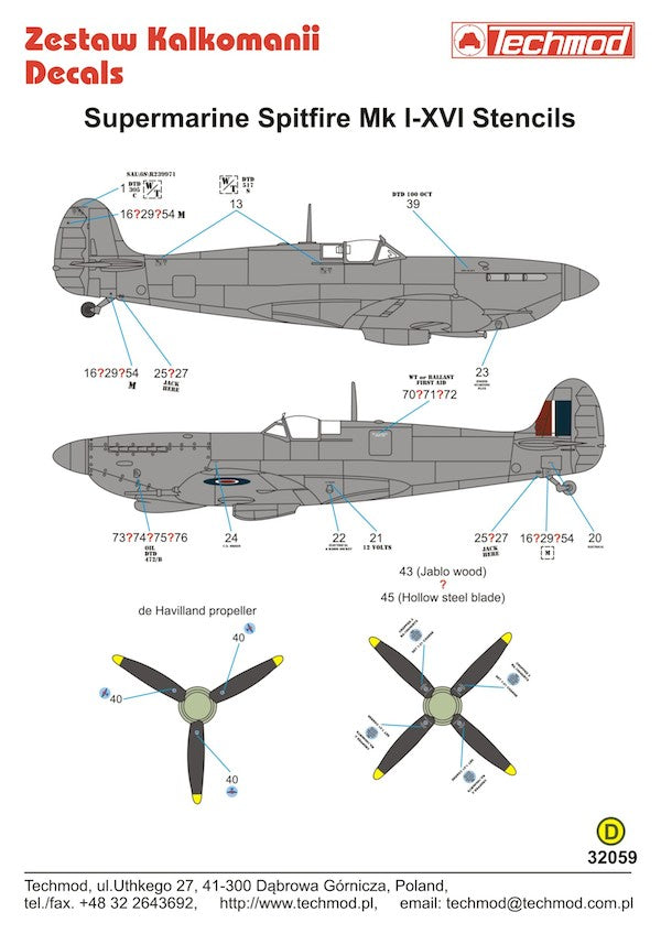 Techmod TM32059 Supermarine Spitfire Stencils Mk.II to Mk.XVI 1:32
