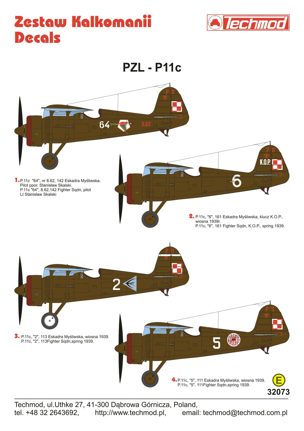 Techmod TM32073 PZL P.11c Fighter Sqdn Markings Set 1:32