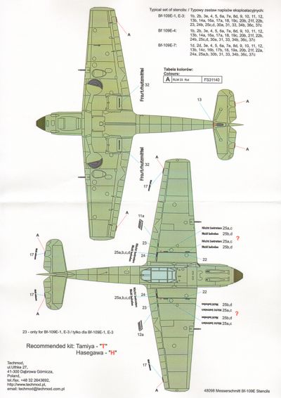 Techmod TM48098 1:48 Messerschmitt Bf-109E complete Stencil Data two aircraft