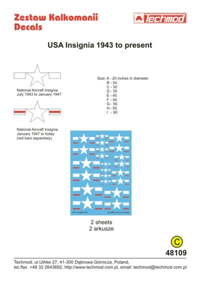 Techmod TM48109 US National Insignia 1943 to Present Set 1:48