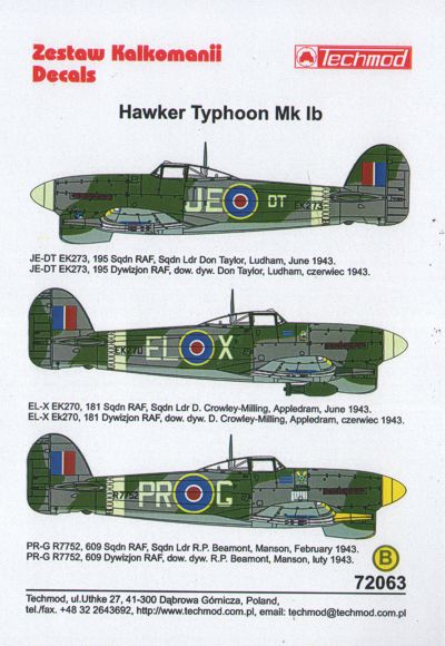 Techmod TM72063 Hawker Typhoon Mk.Ib 195 Sqdn RAF JE-DT 1:72