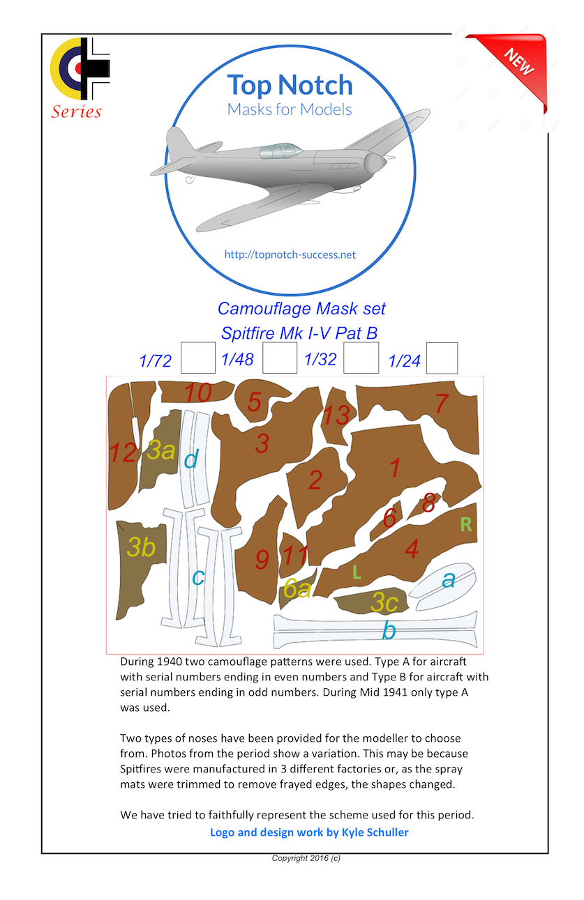 TopNotch TNM24-M051 1:24 Spitfire Mk.I-V Pattern B Camo Paint Masks