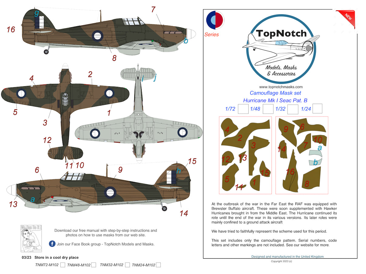 TopNotch TNM24-M102 1:24 SEAC Hawker Hurricane Mk.I Pattern B Masks