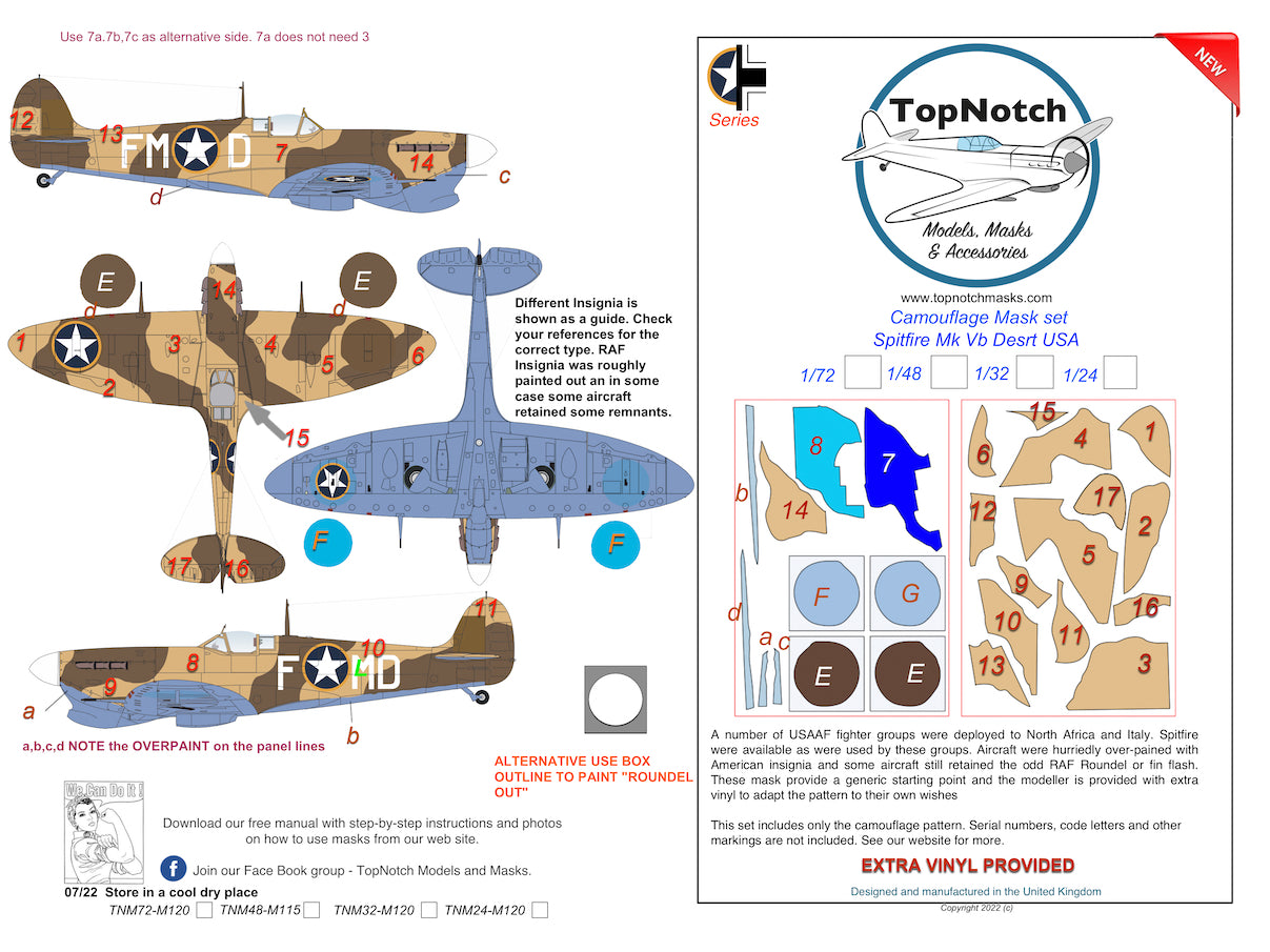 TopNotch TNM24-M120 Supermarine Spitfire Mk.Vb Desert USA Paint Masks 1:24