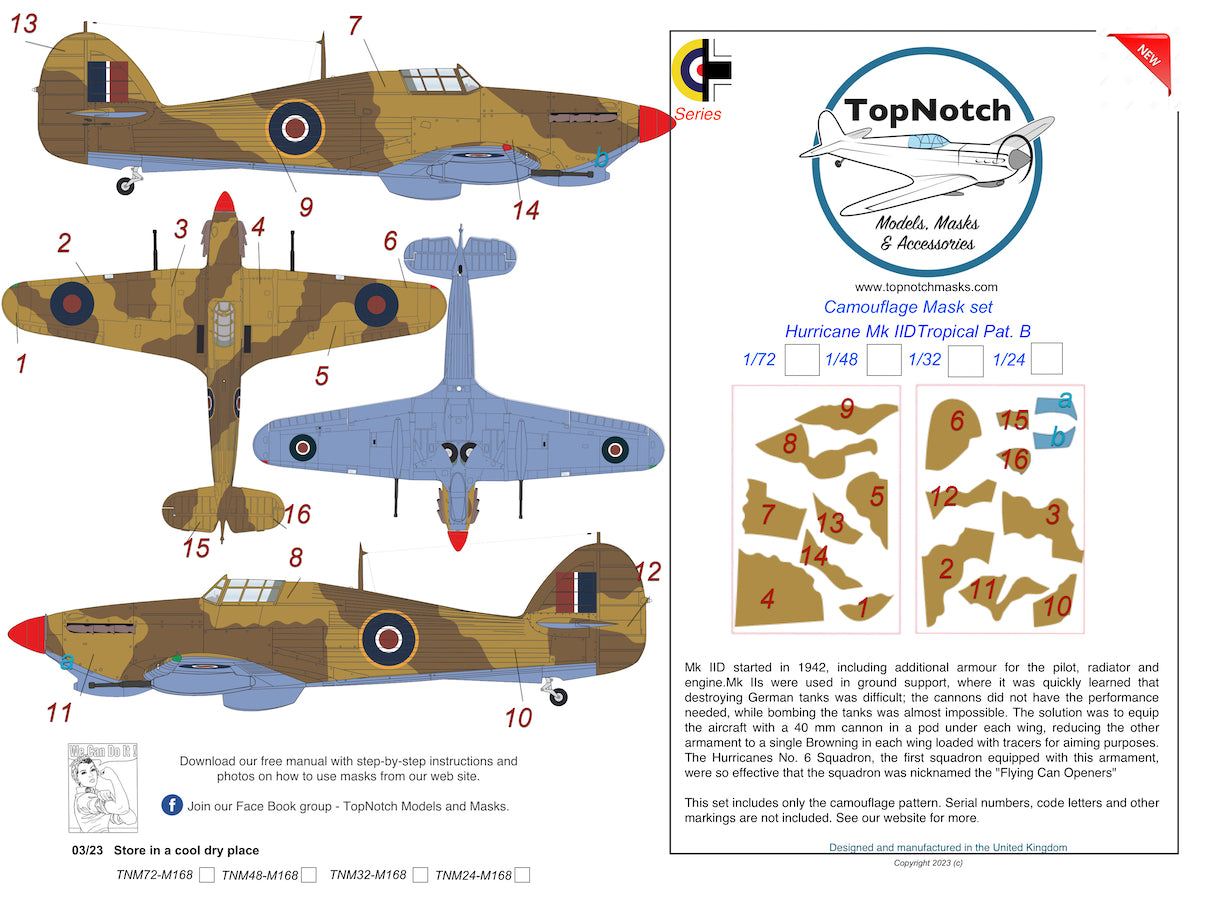 TopNotch TNM24-M168 Hawker Hurricane Mk.IID Tropical Pattern B Masks 1:24