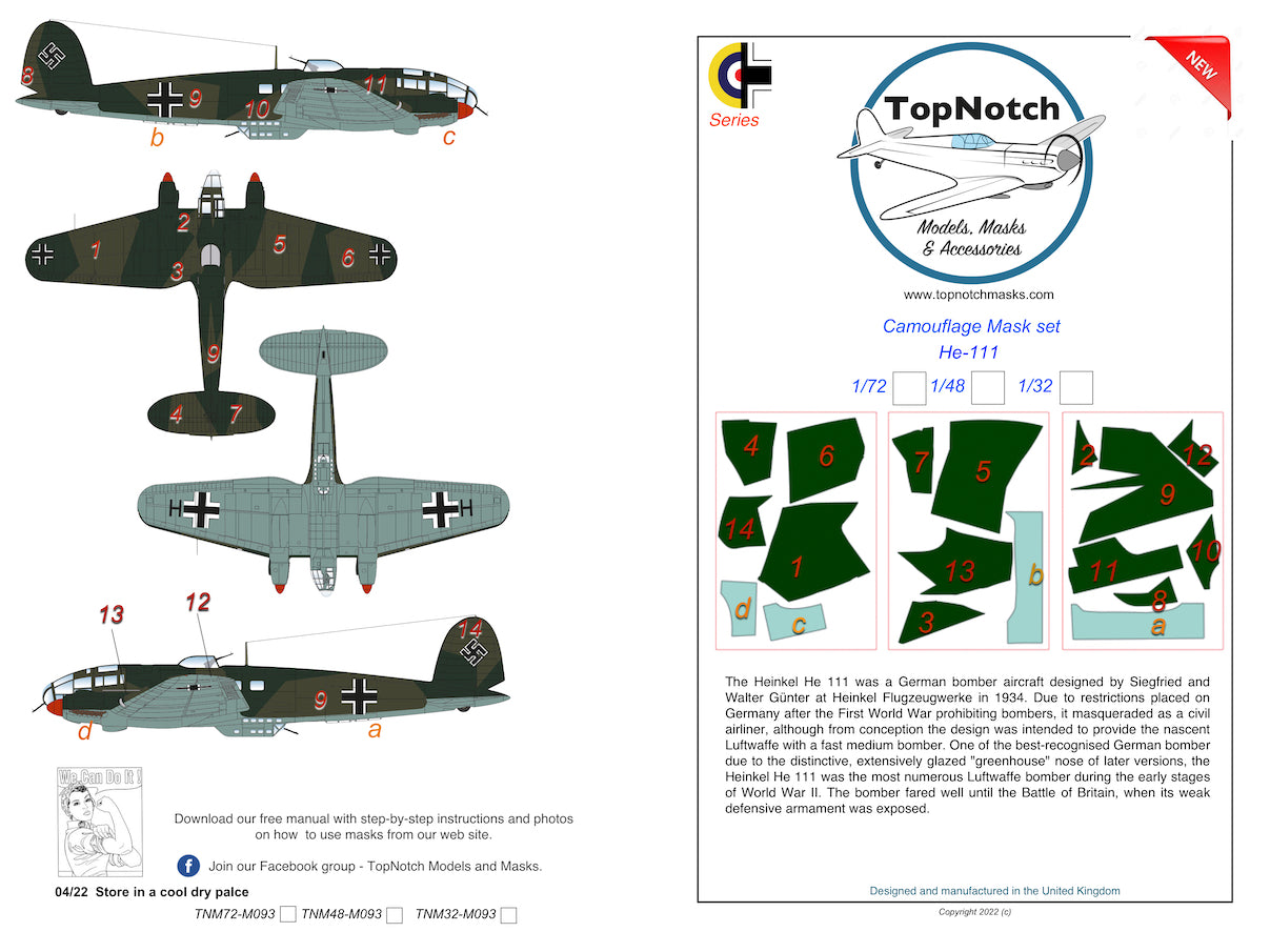 TopNotch TNM32-M093 1:32 Heinkel He-111 camouflage pattern paint mask Revell