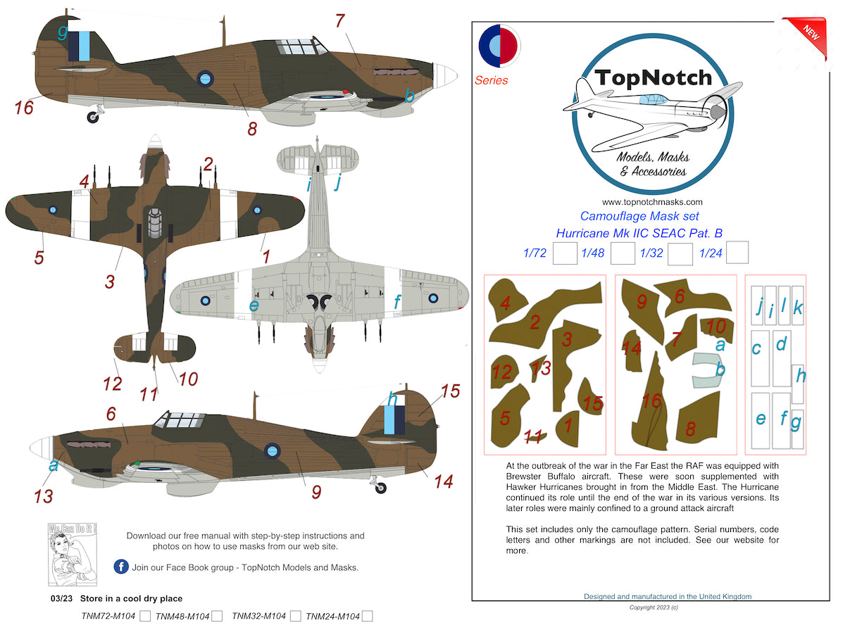 TopNotch TNM32-M104 SEAC Hawker Hurricane Mk.IIc Pattern B Masks 1:32