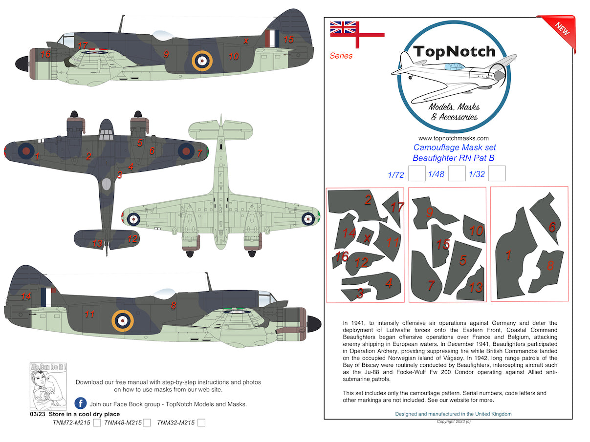 TopNotch TNM32-M215 Bristol Beaufighter RN FAA Pattern B Masks 1:32