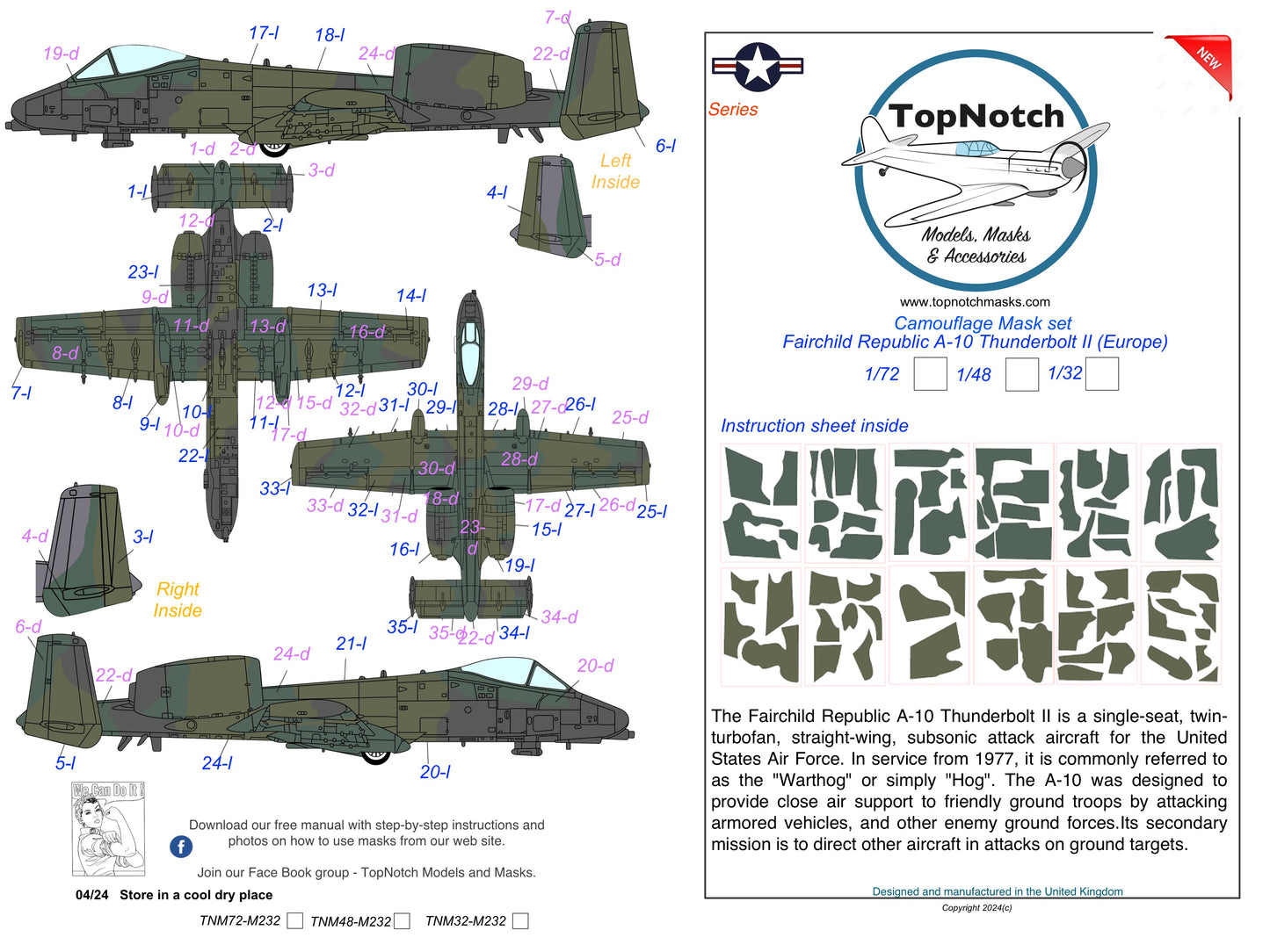 TopNotch TNM32-M232 A-10 Thunderbolt II Europe Paint Masks 1:32