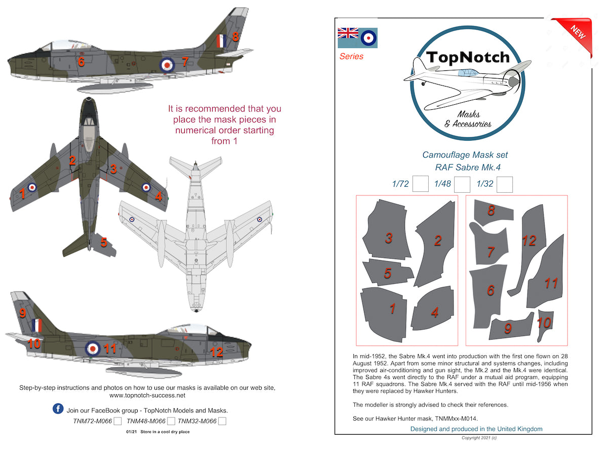 TopNotch TNM48-M066 1:48 RAF North-American Sabre Mk.4 camouflage masks