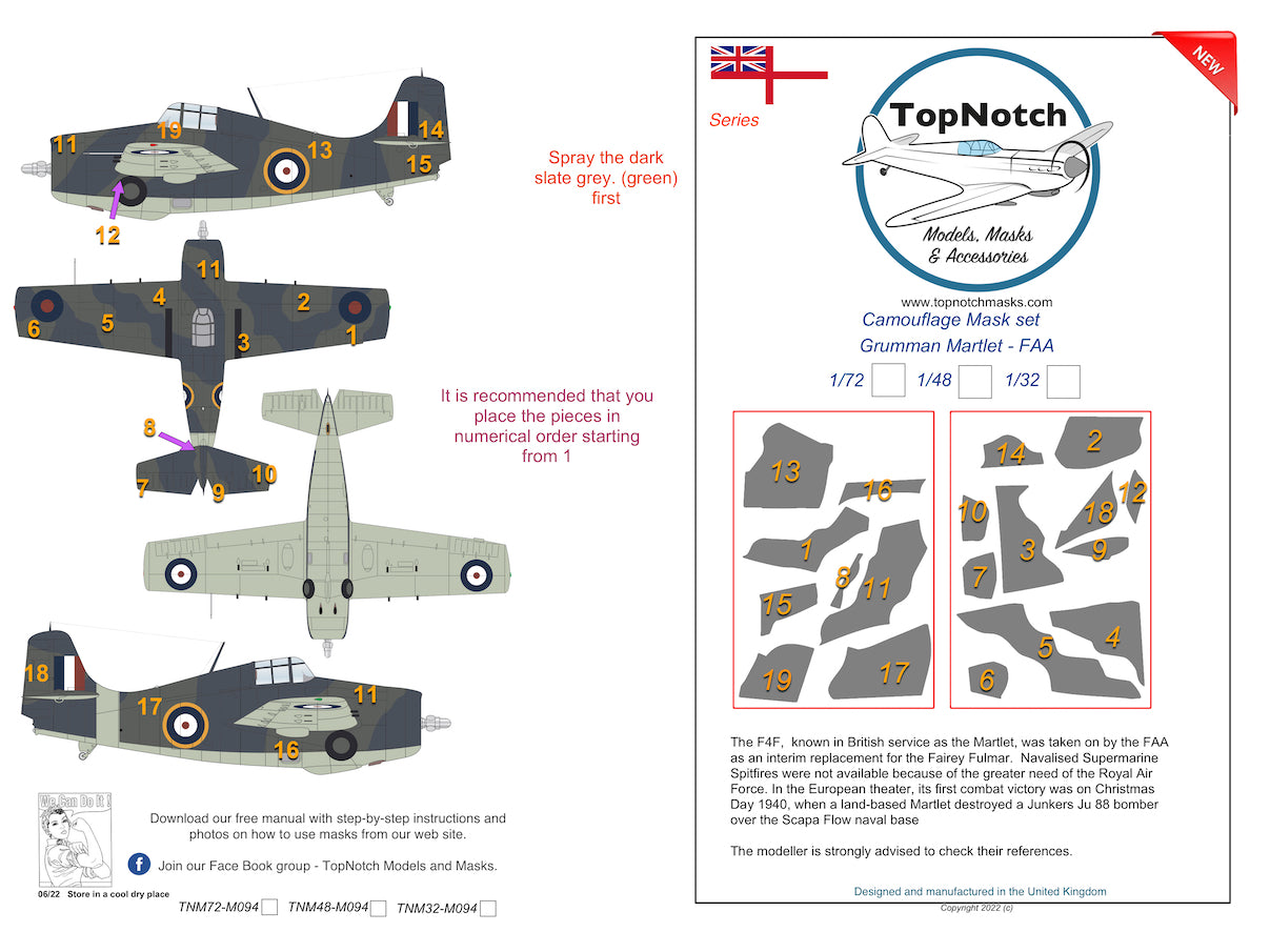 TopNotch TNM48-M094 Grumman Martlet Camouflage Paint Masks 1:48