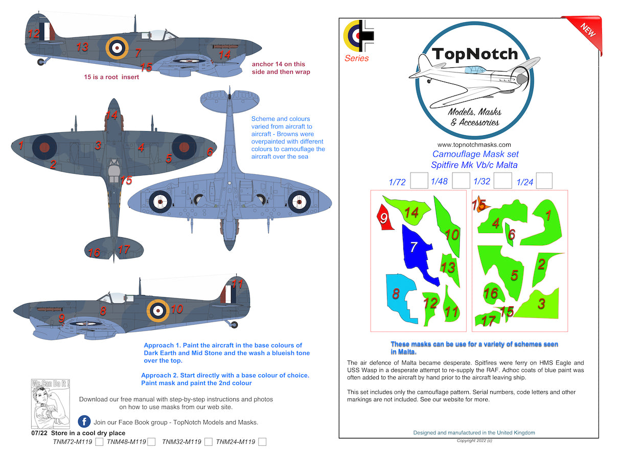TopNotch TNM48-M119 Supermarine Spitfire Mk.Vb/c Malta Paint Masks 1:48