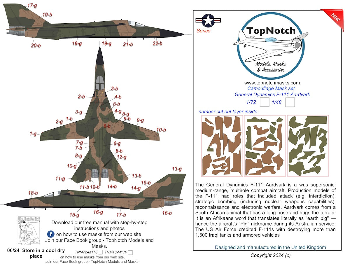 TopNotch TNM48-M176 General Dynamics F-111 Aardvark Paint Masks 1:48