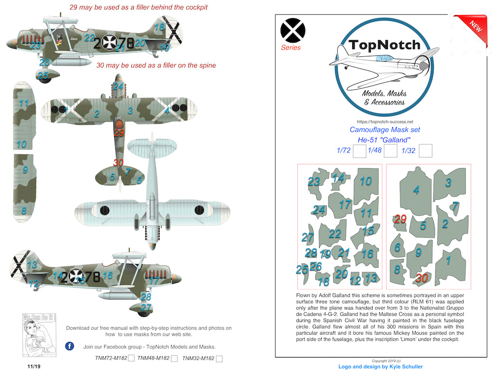 TopNotch TNM48-M182 Heinkel He-51A-1 Adolf Galland Paint Masks 1:48