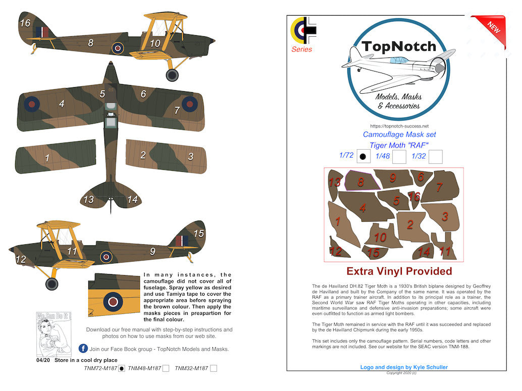 TopNotch TNM48-M187 Tiger Moth RAF Camouflage Paint Masks 1:48