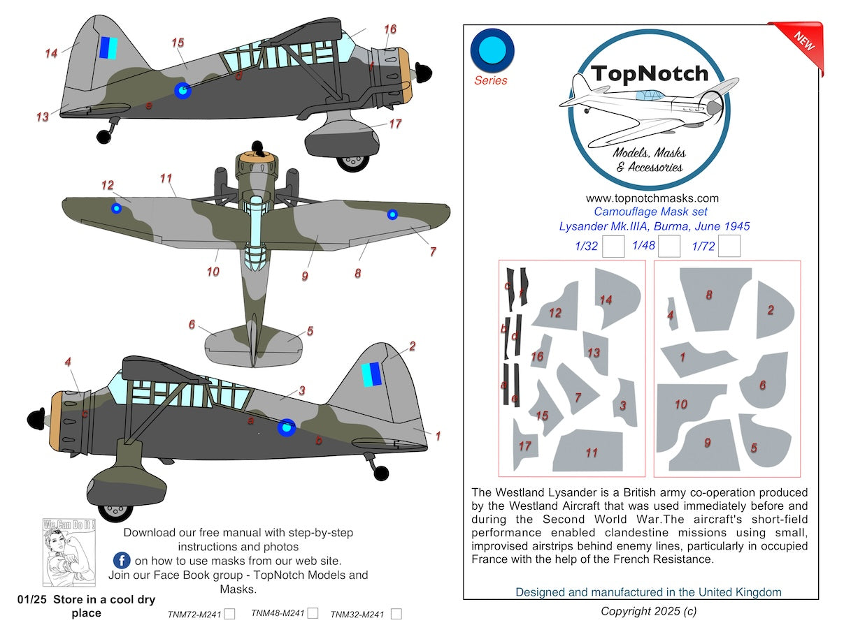 TopNotch TNM48-M241 Westland Lysander Mk.IIIA Burma 1945 Masks 1:48