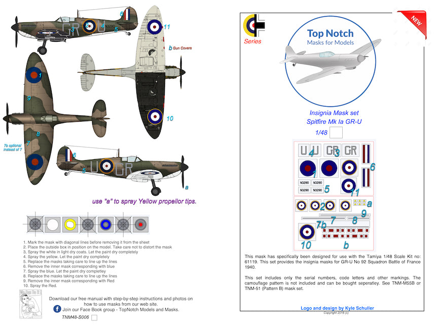 TopNotch TNM48-I023 1:48 Supermarine Spitfire Mk.1a GR-U mask insignia packs